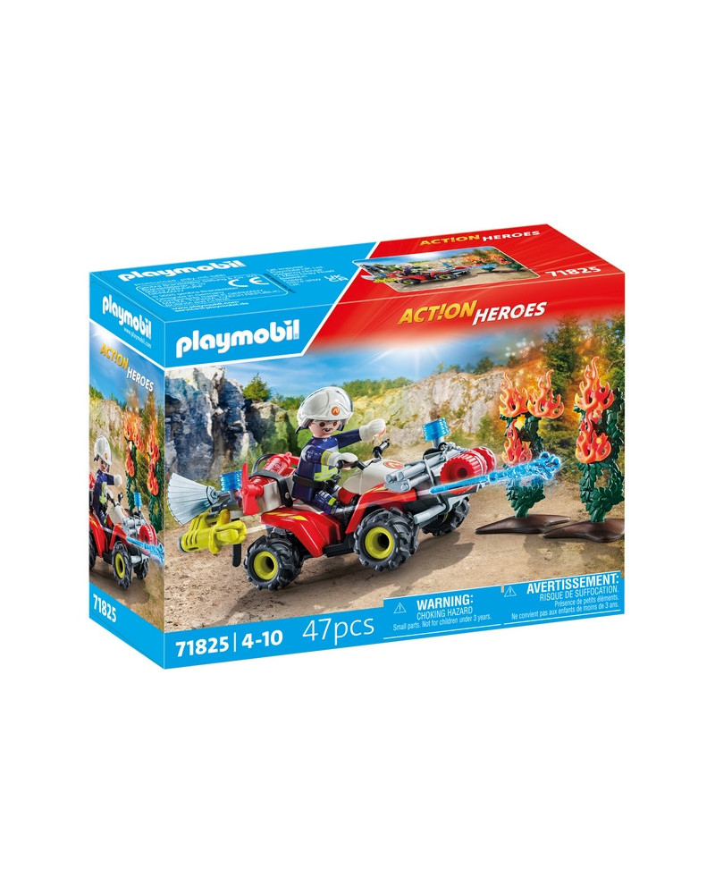 POMPIER AVEC QUAD ET ARBUSTES ENFLAMMES