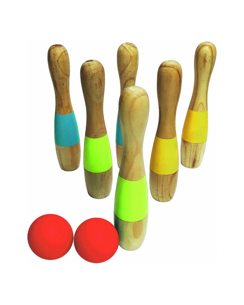 6 QUILLES BOIS 23CM + 2 BOULES