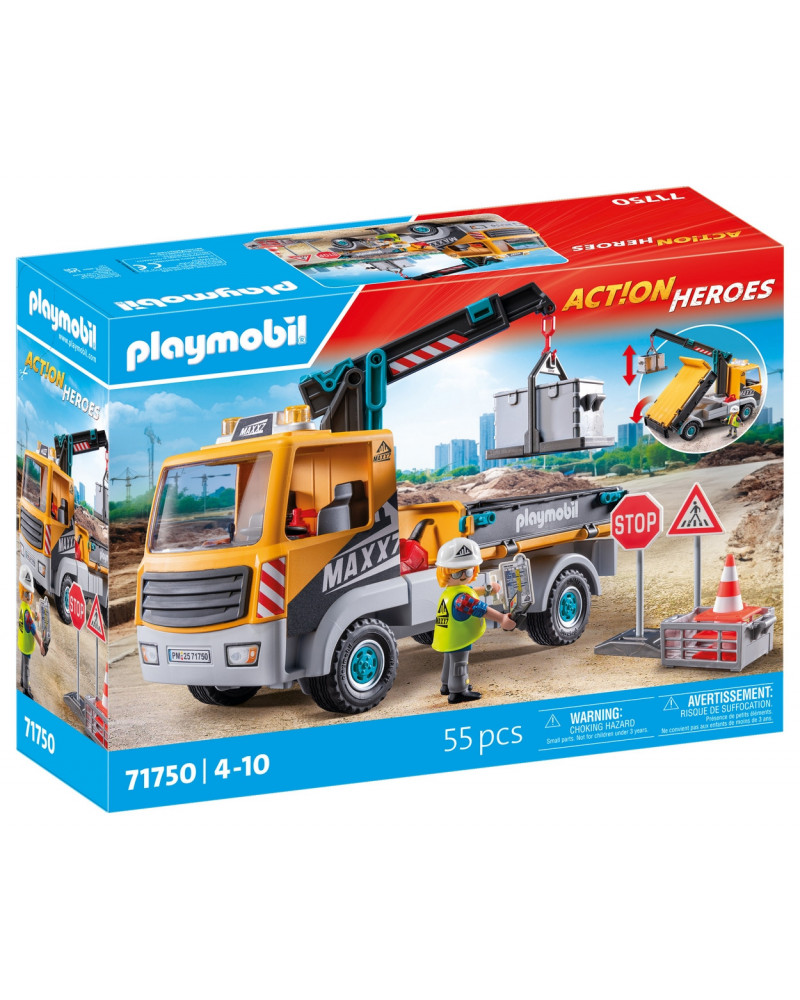 CAMION DE CHANTIER AVEC GRUE ET OUVRIER