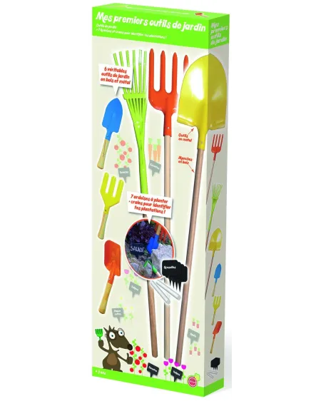 BOITE 7 OUTILS A JARDIN BOIS/METAL+CRAIE 6 outils en bois/métal + p...