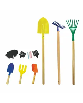 BOITE 7 OUTILS A JARDIN BOIS/METAL+CRAIE 6 outils en bois/métal + p...