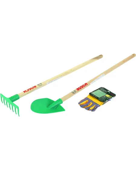 BOSCH SET PELLE/RATEAU + GANTS  1 pelle avec manche en bois, 1 râte...