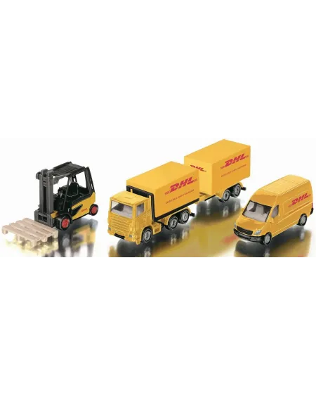 BOITE DHL 1/72 4 VEHICULES  1/72. Camion-remorque avec ascenseur, c...
