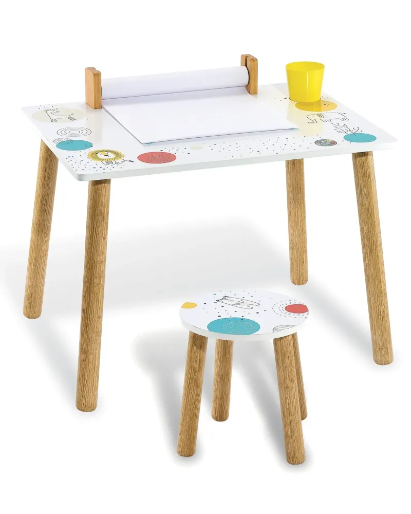 TABLE + CHAISE BOIS  En bois. Surface effaçable. Tabouret inclus. 5...