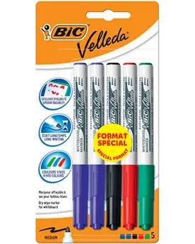 BLISTER 4+1 VELLEDA PRIMAIRE  Feutres effaçables pour tableau. BIC1...