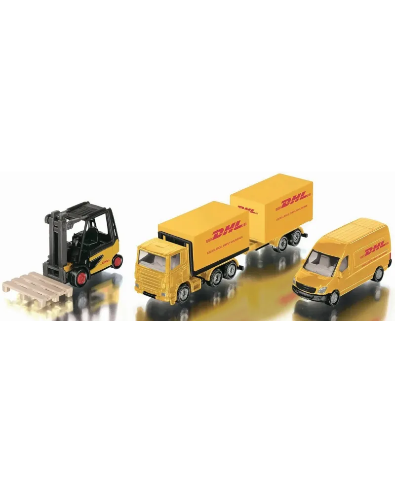 BOITE DHL 1/72 4 VEHICULES  1/72. Camion-remorque avec ascenseur, c...