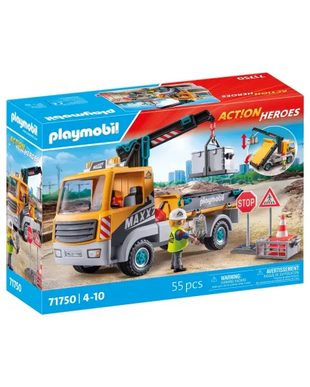 CAMION DE CHANTIER AVEC GRUE ET OUVRIER   PMB71750 PLAYMOBIL Âge Mi...
