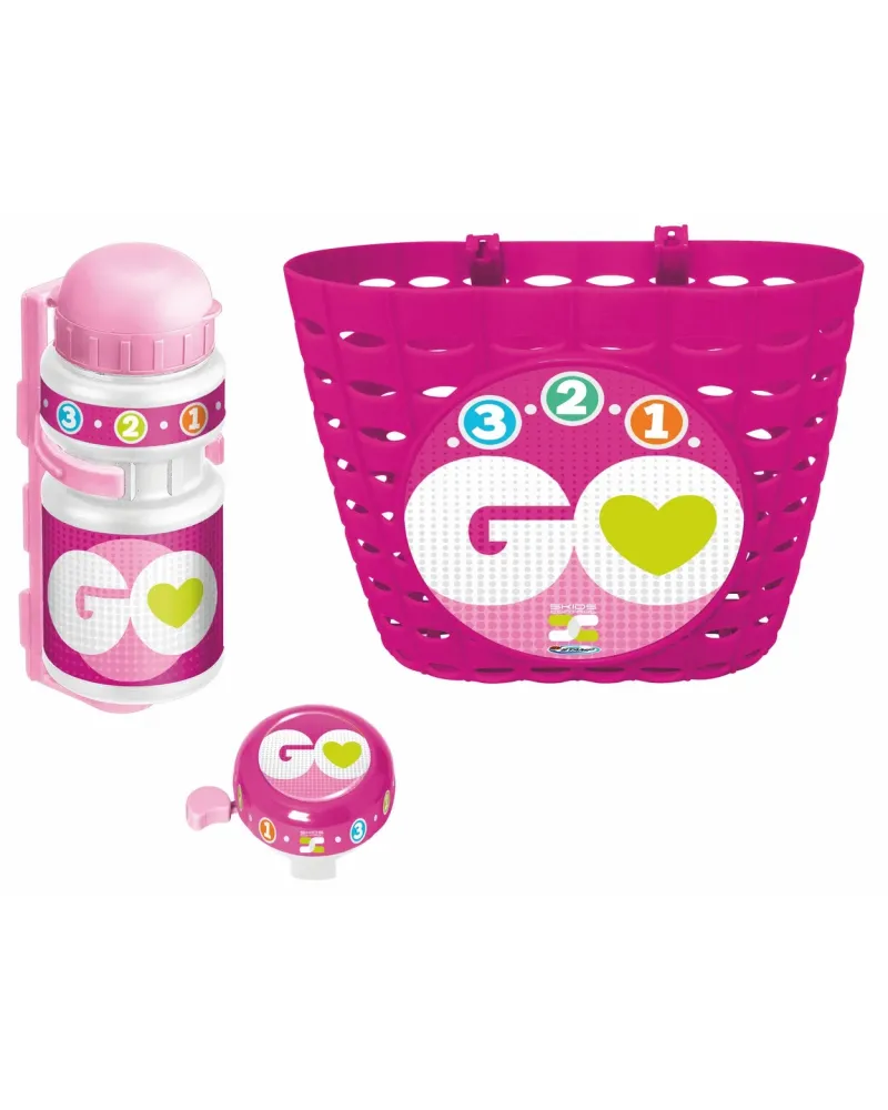 PANIER VELO + GOURDE + SONNETTE ROSE  Comprend 1 panier, 1 gourde e...