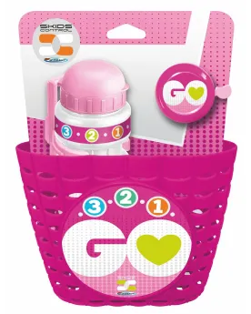 PANIER VELO + GOURDE + SONNETTE ROSE  Comprend 1 panier, 1 gourde e...