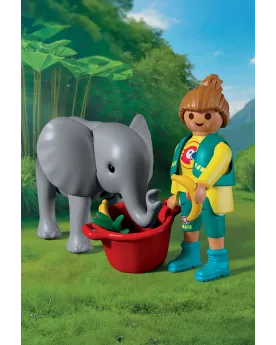 ELEPHANTEAU ET GARDIEN DE ZOO