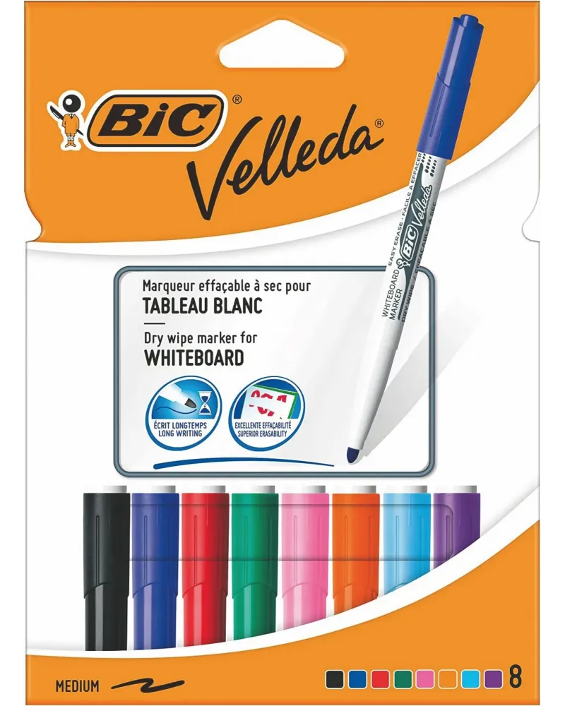 POCHETTES 8 VELLEDA COUL  Feutres effaçables pour tableau. BIC11990...