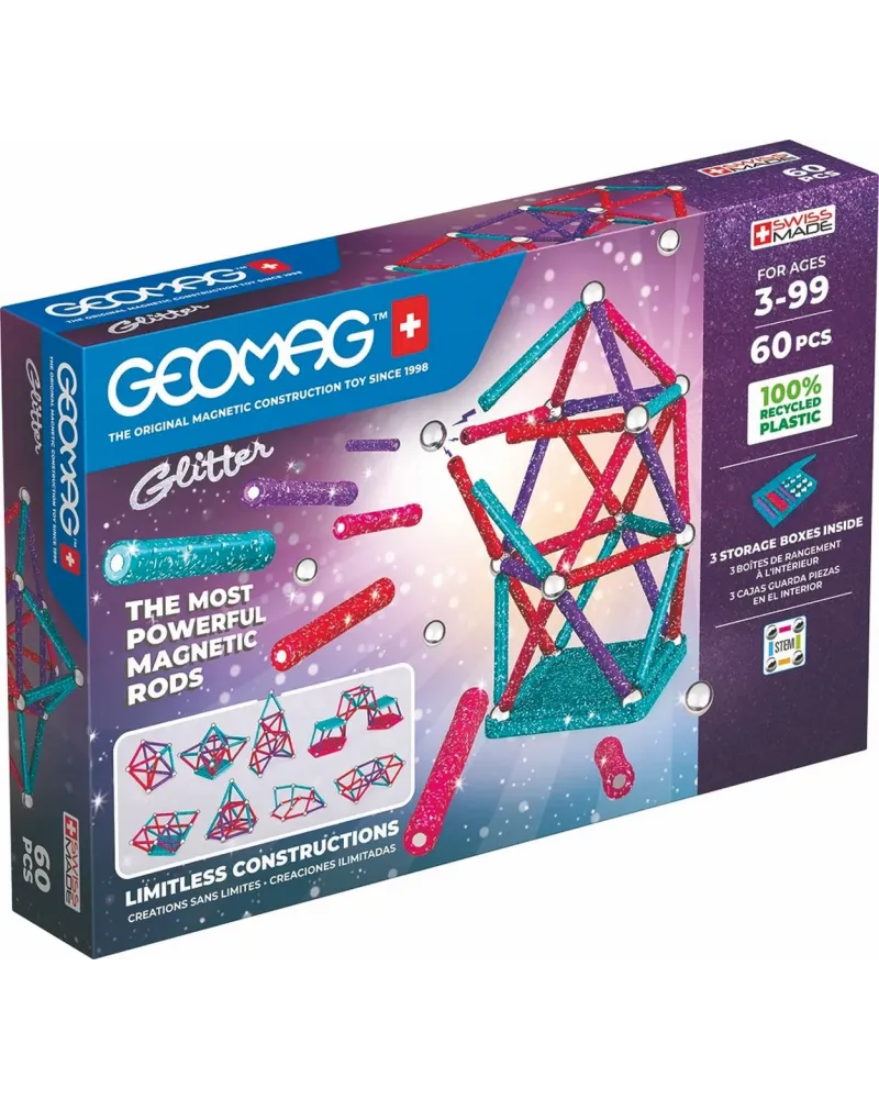 GEOMAG GLITTER 60 PCES  60 pièces et 3 boîtes de rangement pour des...