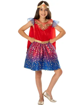 COST. LUXE WONDER WOMAN 5/6 ANS  Robe + cape + tiare dorée en mouss...