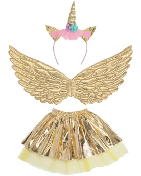 KIT COST LICORNE DOREE  Tutu doré avec tulle + ailes + tiare. Taill...