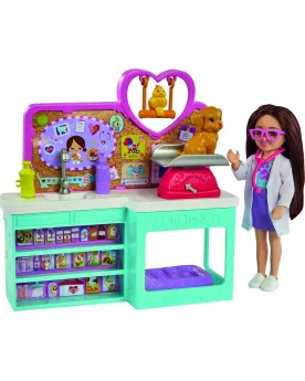 BARBIE CHELSEA VETERINAIRE  Tenue, chaussures, 3 animaux, 1 balance...