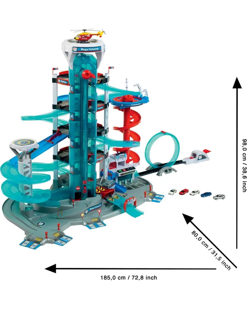 MEGA GARAGE UNIVERS  5 niveaux avec piste, looping et lanceur. Incl...