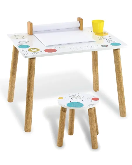 TABLE + CHAISE BOIS  En bois. Surface effaçable. Tabouret inclus. 5...